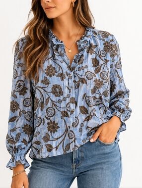 LOFT Blouse Womens Medium Blue Floral Button Front Ruffle Boho Long Sleeve Top
